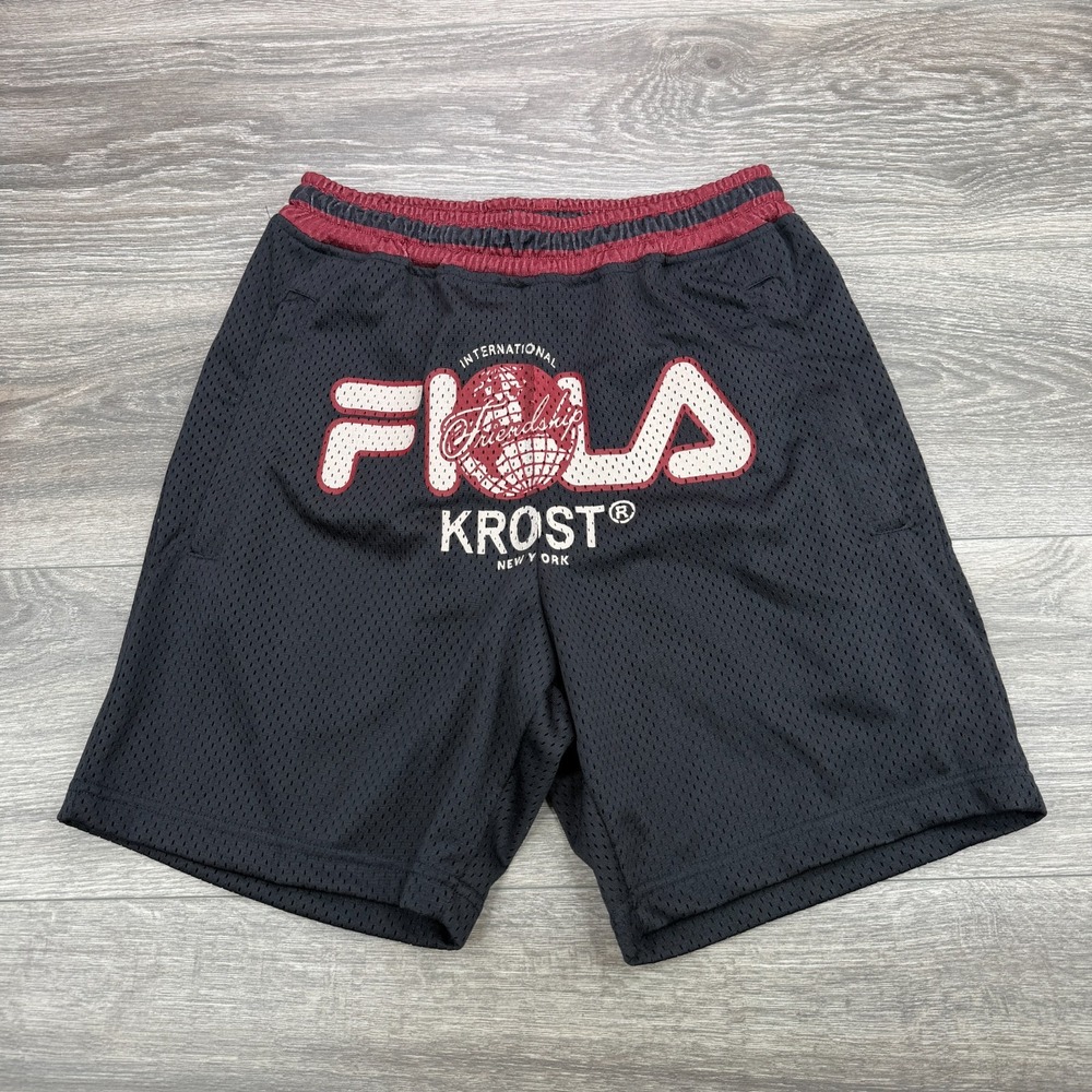 KROST Fila Shorts Mens XS Black Mesh Spellout Basketball Drawstring Streetwear